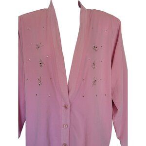 Vintage 80s Cardigan Jacket Size 14 Womens Pink Embellished Button Front Light W